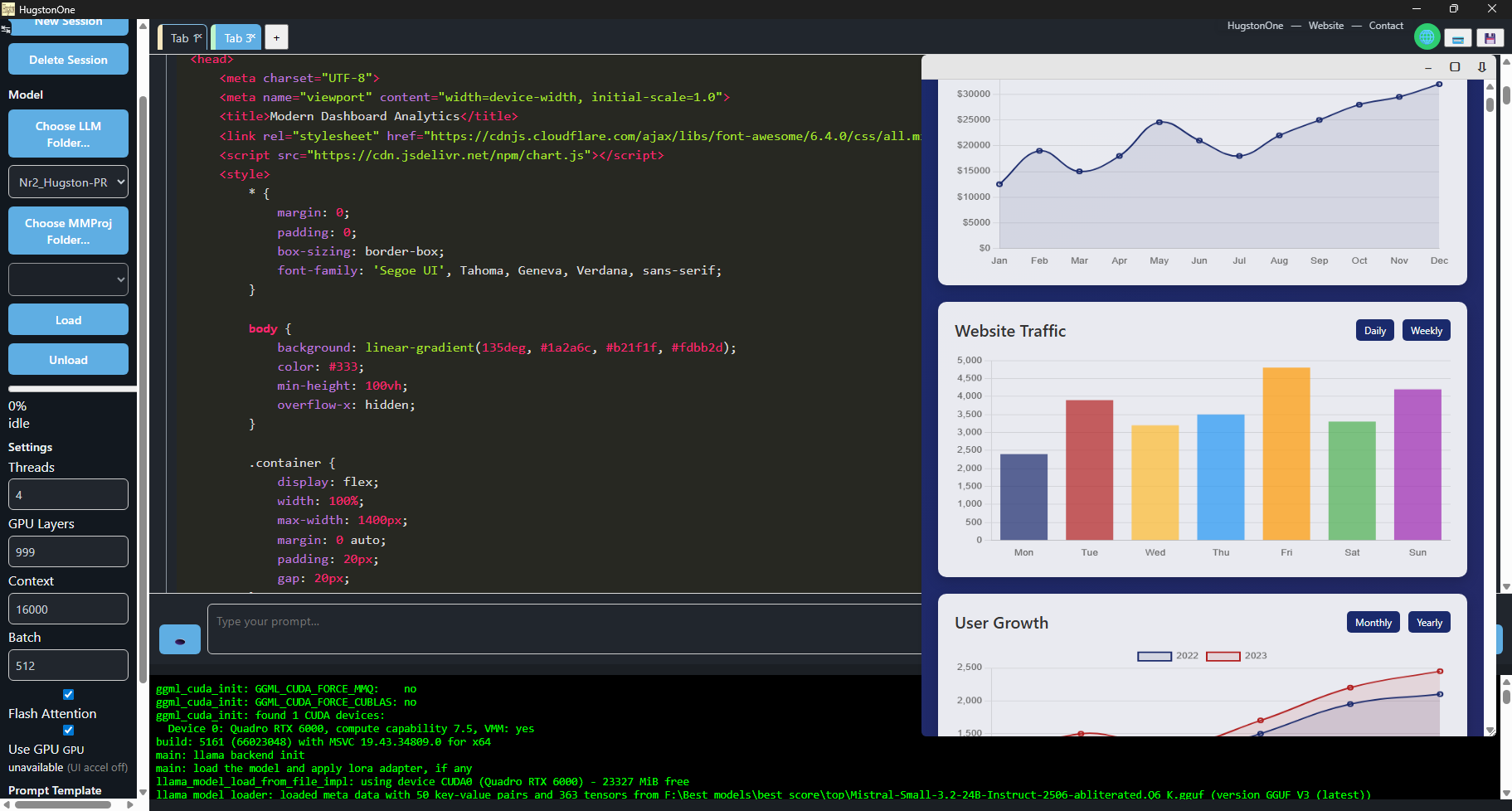Screenshot 1 of HugstonOne AI application showing advanced features